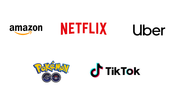 Logos de empresas disruptivas amazon, netflix, uber, pokemon go y tiktok